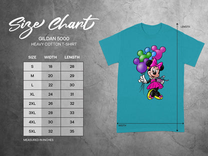 Minnie Mouse Balloons GILDAN 5000 Size Chart Measured In Inches T-shirt
