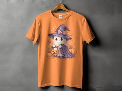 Orange t-shirt with a cute ghost wearing a witch hat and holding a pumpkin bucket.
