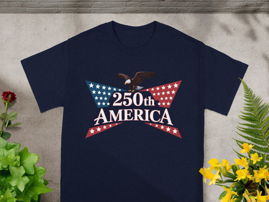 Navy t-shirt with "250th America" in stars and stripes design, topped by eagle.