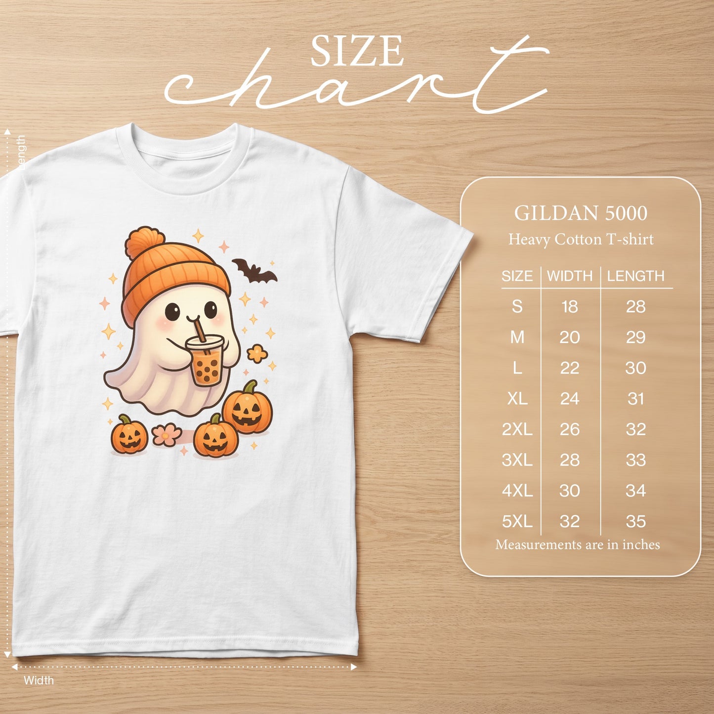 White t-shirt with cute ghost, pumpkins, and bubble tea graphic, plus size chart.
