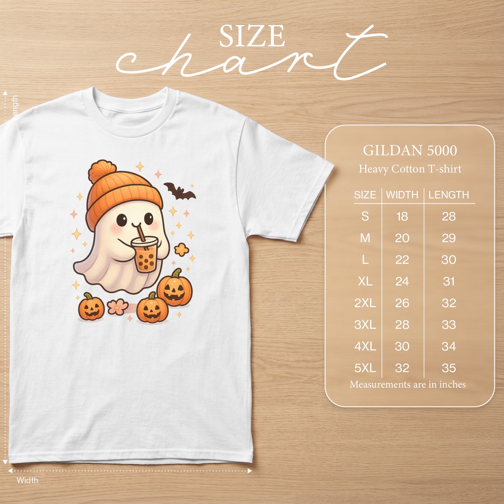 White t-shirt with cute ghost, pumpkins, and bubble tea graphic, plus size chart.