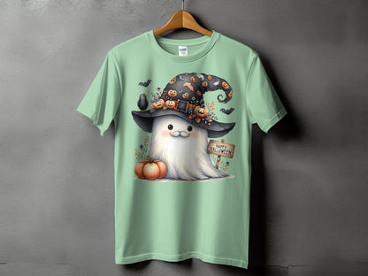 Light green t-shirt with a cute ghost wearing a witch hat and a "Happy Halloween" sign.