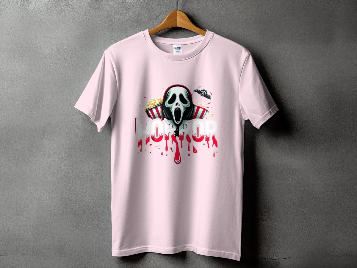 Pink t-shirt with horror mask, popcorn buckets, and bloody "HORROR" text.