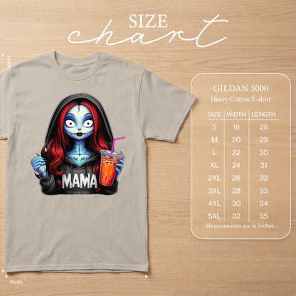 T-shirt featuring a cartoon character with "MAMA" text and a size chart.