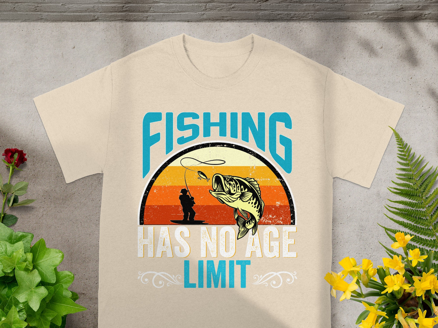 T-shirt graphic: "FISHING HAS NO AGE LIMIT" with fisherman and jumping fish.