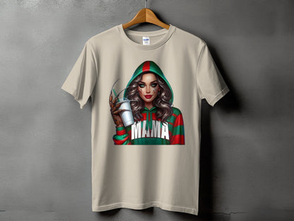 T-shirt with graphic of woman in striped hoodie holding drink, text reads "MAMA".