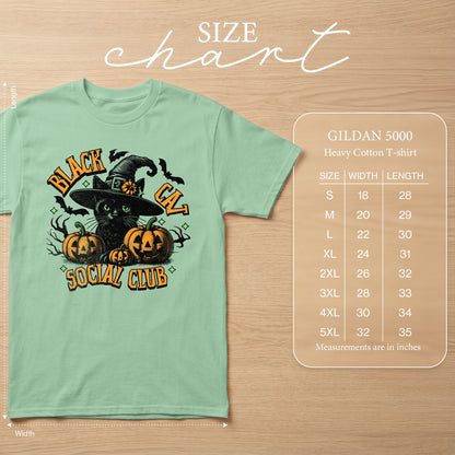 Mint green Gildan 5000 t-shirt with "Black Cat Social Club" Halloween graphic and size chart.