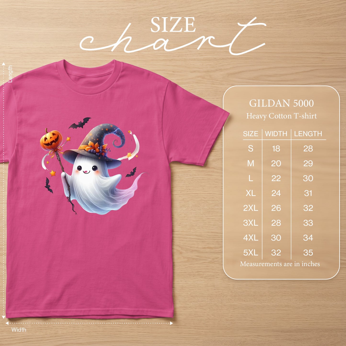 Pink Gildan 5000 t-shirt with a witch ghost graphic and size chart.