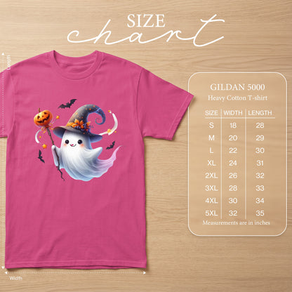 Pink Gildan 5000 t-shirt with a witch ghost graphic and size chart.