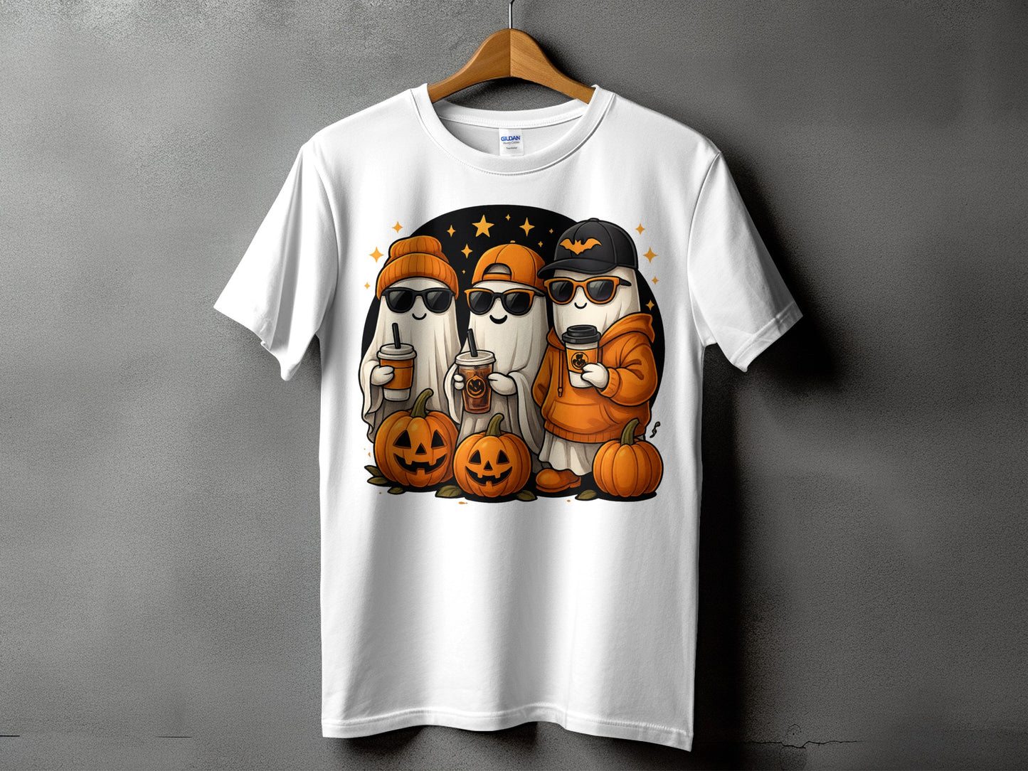 Three cartoon ghosts holding coffee cups and wearing Halloween costumes with pumpkins.