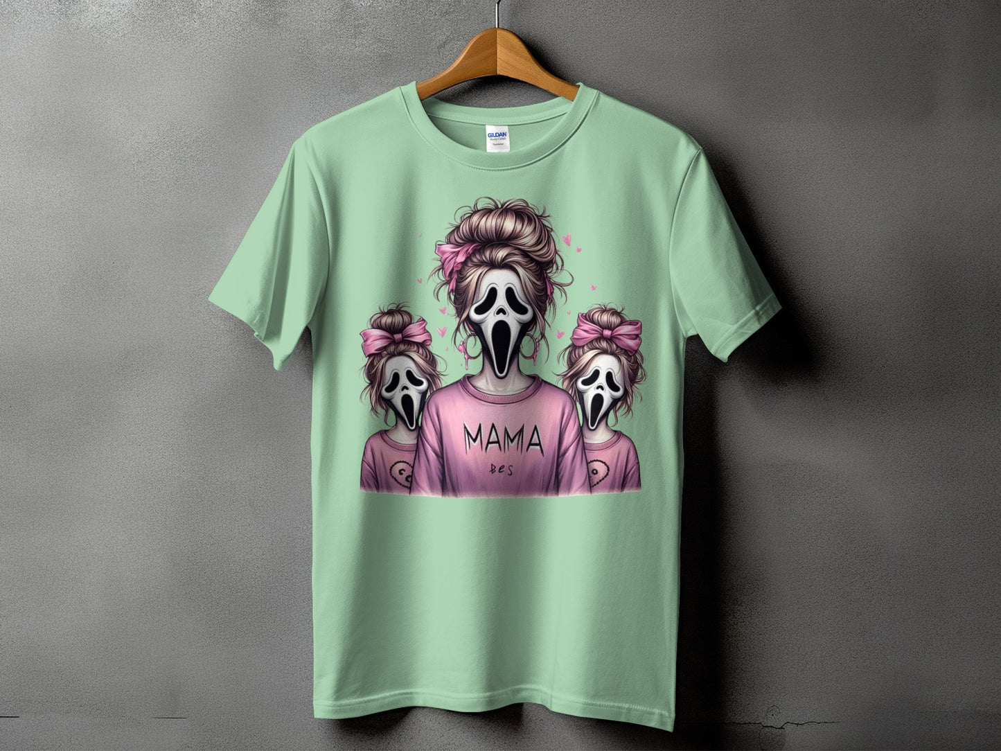 Light green t-shirt with "MAMA" and two ghost designs.