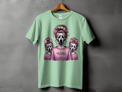 Light green t-shirt with "MAMA" and two ghost designs.