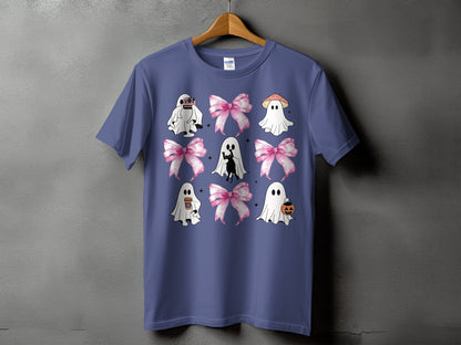 Ghost design with bows and Halloween motifs on a purple t-shirt.