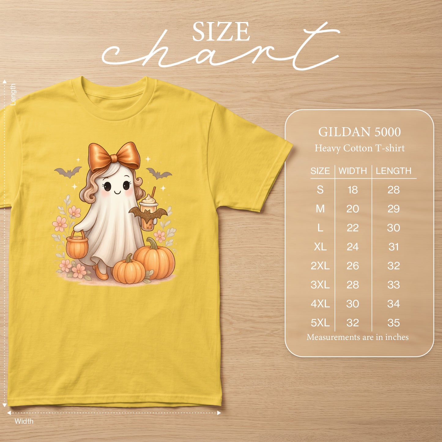 Yellow Gildan 5000 Heavy Cotton T-shirt with ghost graphic and size chart.