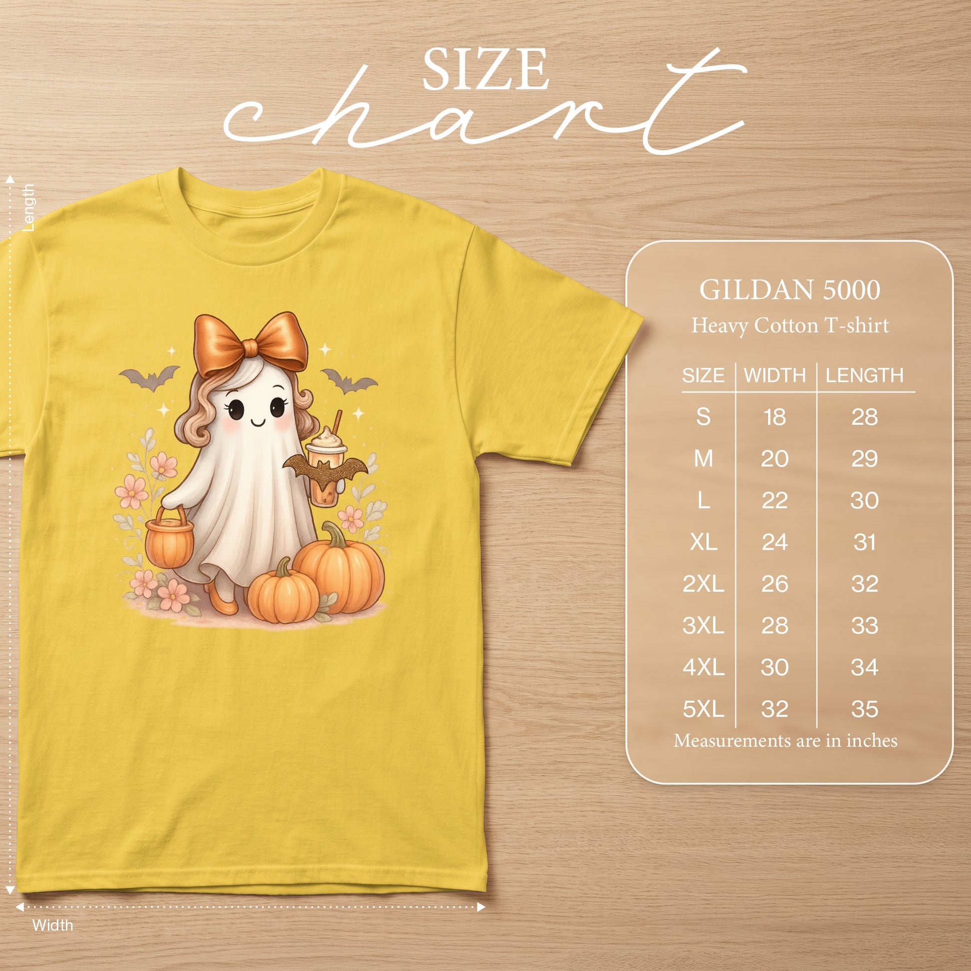 Yellow Gildan 5000 Heavy Cotton T-shirt with ghost graphic and size chart.