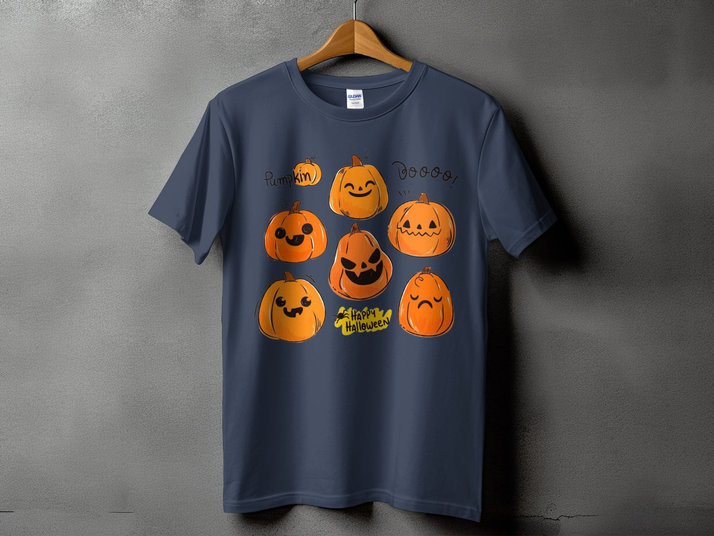 T-shirt with cartoon pumpkins and text "Pumpkin", "Doooo!", and "Happy Halloween".