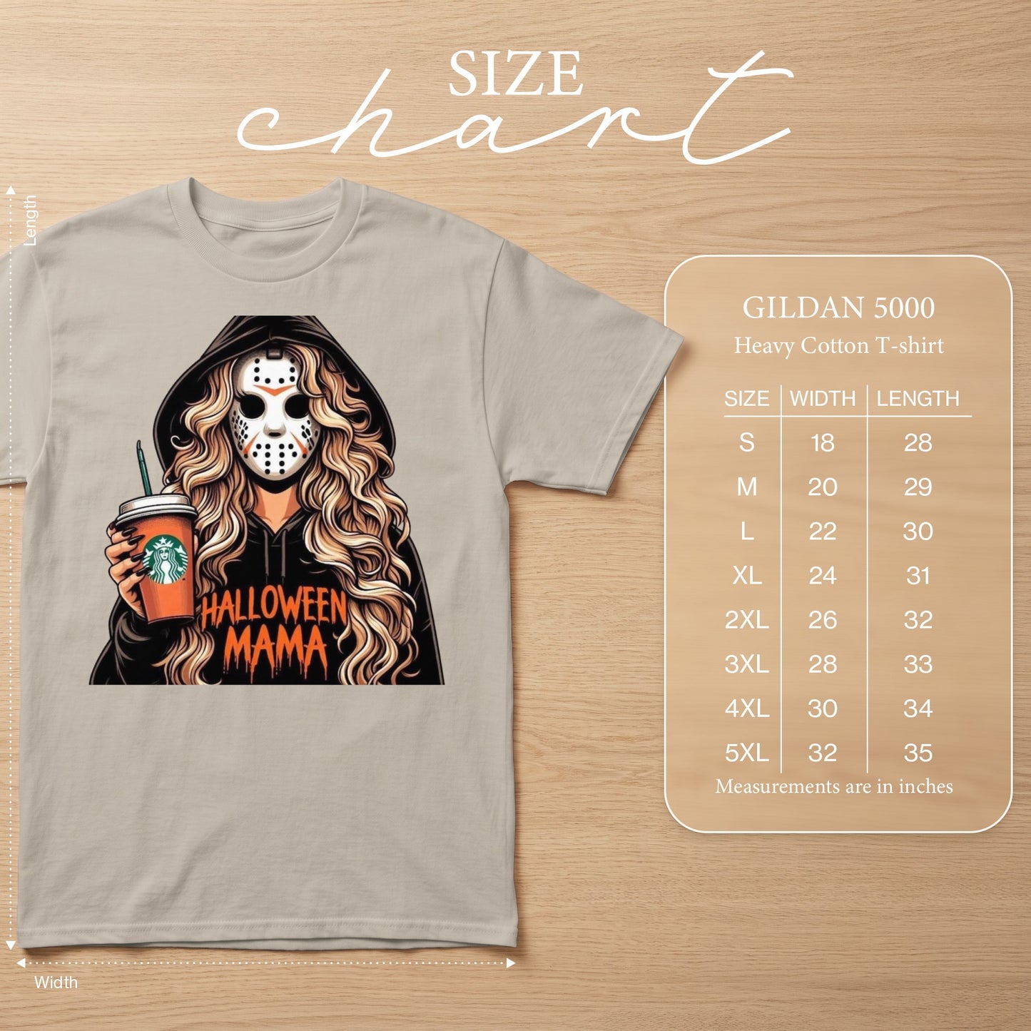 Woman in Jason mask holding Starbucks cup, "Halloween Mama" text, Gildan 5000 size chart.