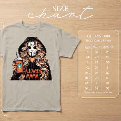 Woman in Jason mask holding Starbucks cup, "Halloween Mama" text, Gildan 5000 size chart.