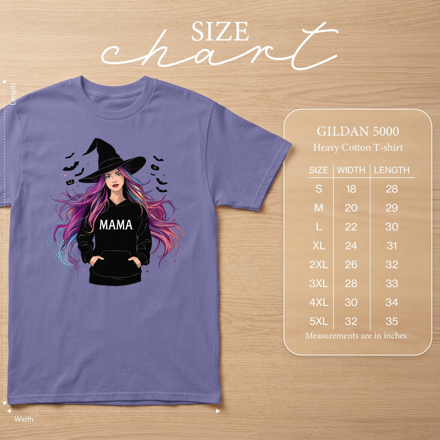 Purple t-shirt with "Mama" graphic and a size chart for Gildan 5000 shirts.