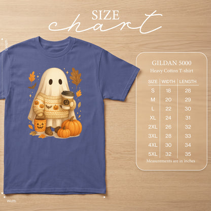 Gildan 5000 Heavy Cotton T-shirt size chart with ghost graphic.