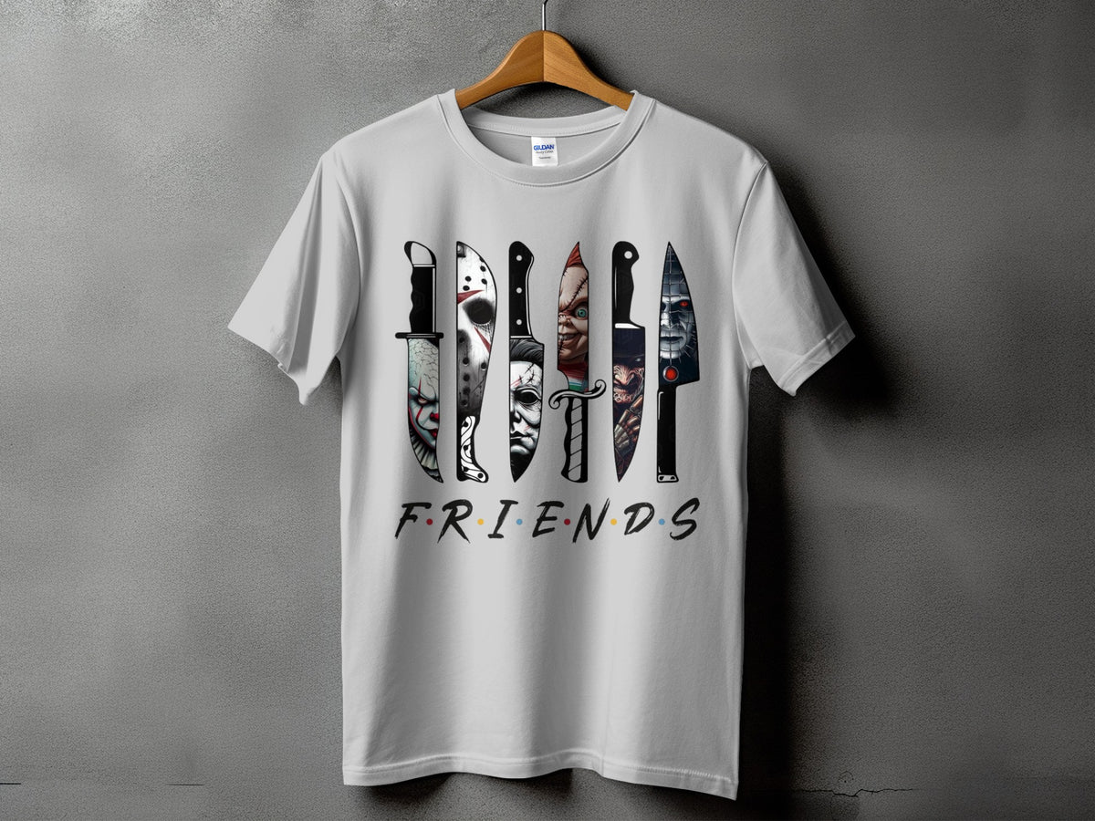White t-shirt with horror movie villain knives and "FRIENDS" text.