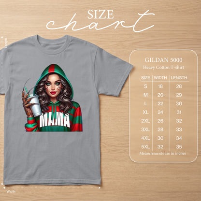 Gray Gildan 5000 t-shirt with "Mama" graphic and size chart.