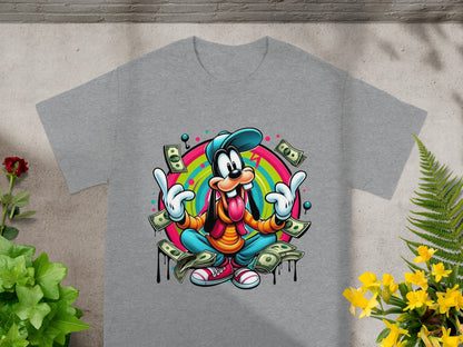 Goofy character in colorful cartoon style, surrounded by falling dollar bills.