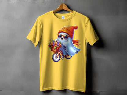 Yellow t-shirt with a cartoon ghost riding a bicycle with flowers.