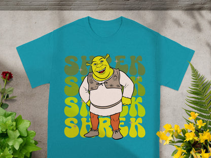 Teal t-shirt with Shrek character and "SHREK" text in a retro font.