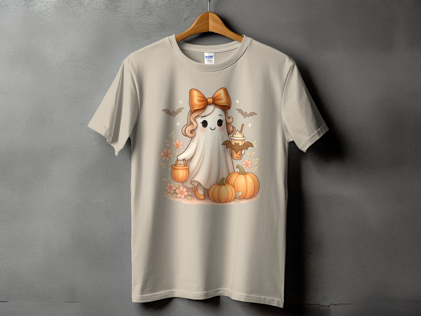 Cute ghost with bow holding a coffee, surrounded by pumpkins and bats.
