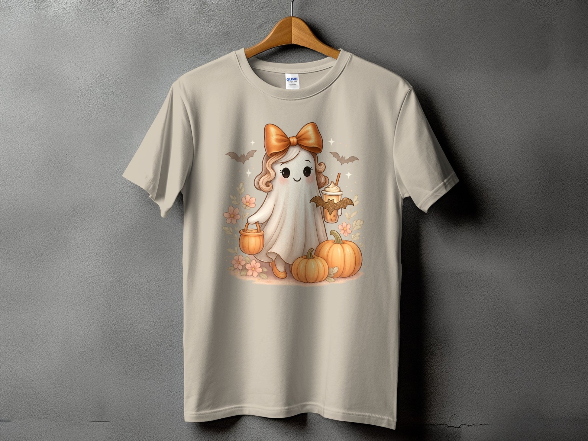 Cute ghost with bow holding a coffee, surrounded by pumpkins and bats.