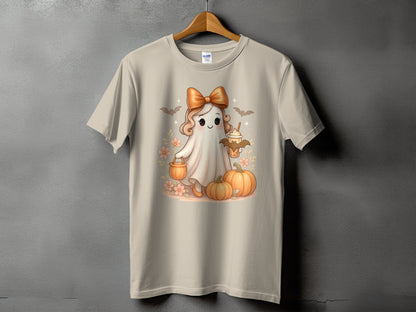 Cute ghost with bow holding a coffee, surrounded by pumpkins and bats.