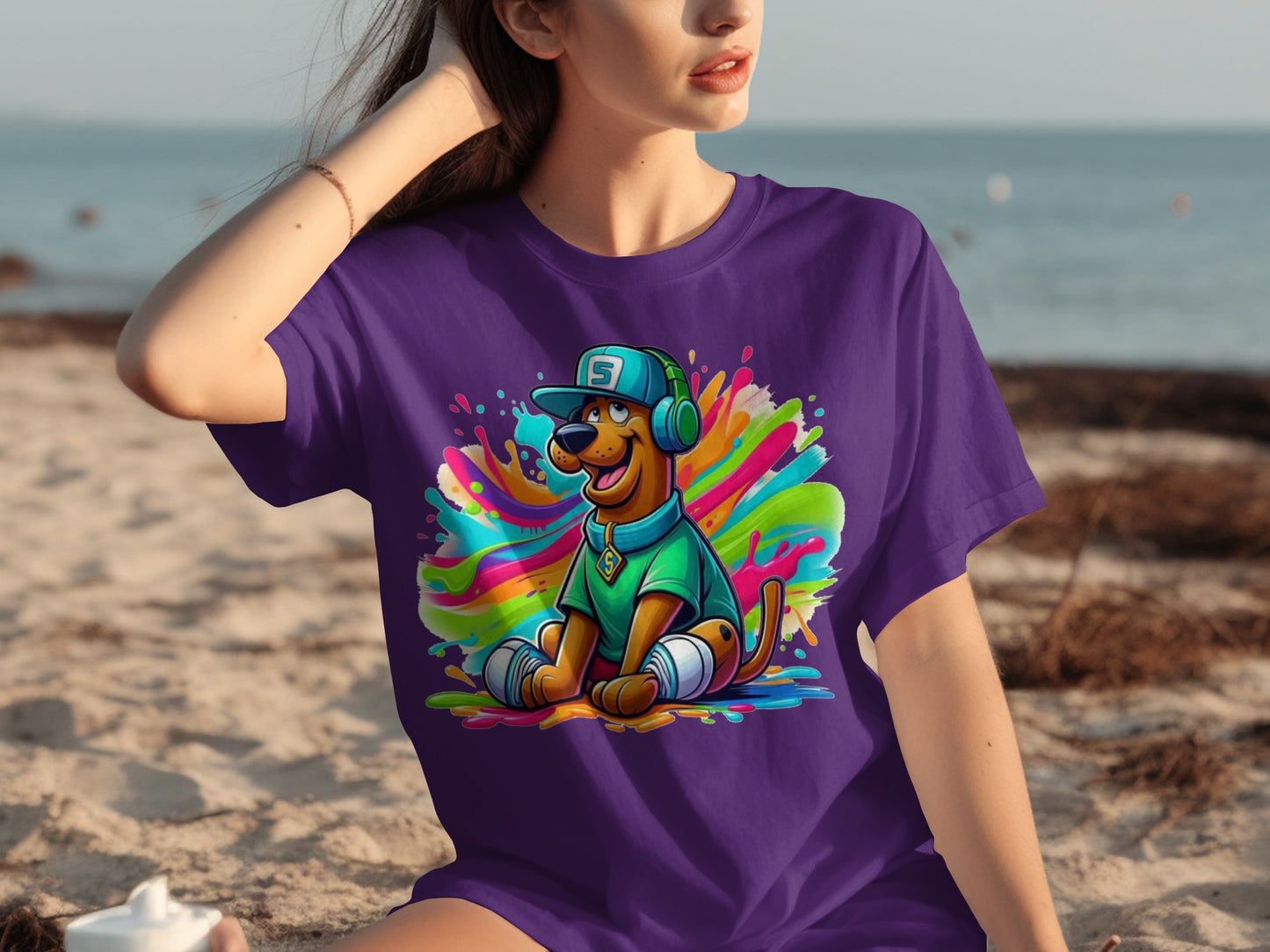 Colorful Hip Hop Cartoon Dog Design on Purple T-shirt
