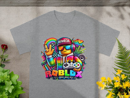 Roblox rainbow character wearing headphones and holding a controller.