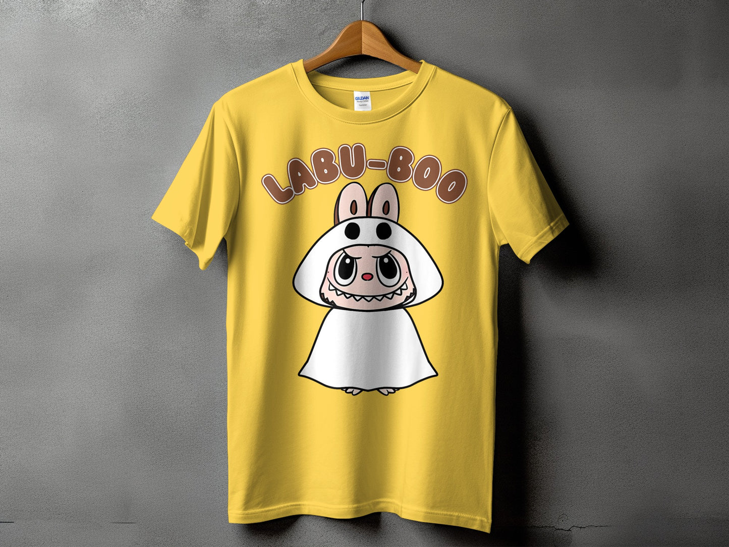 Yellow t-shirt with "LABU-BOO" text and a character in a ghost costume.
