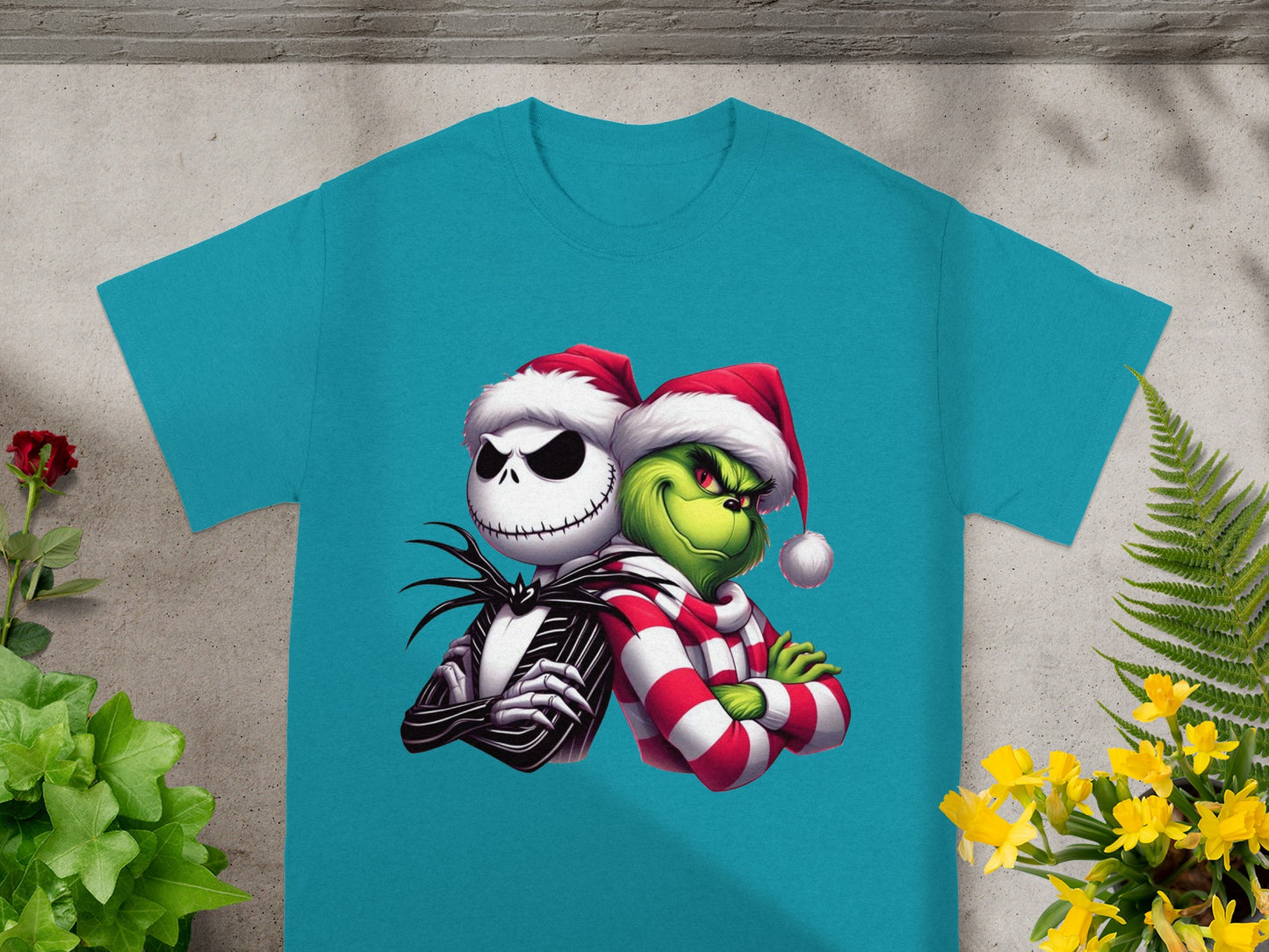 Jack Skellington and the Grinch wearing Santa hats, side by side.