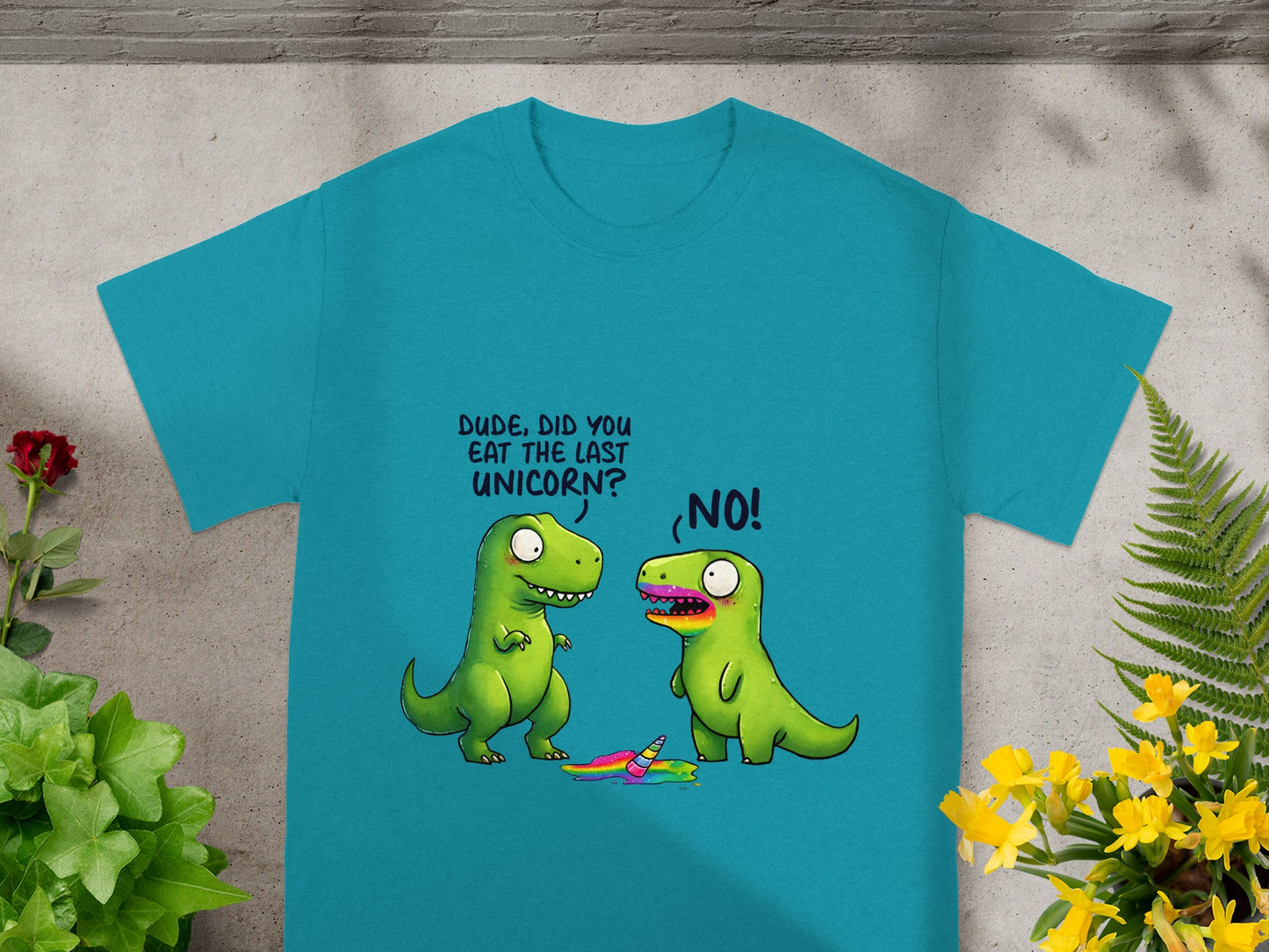 Two green dinosaurs with text "Dude, did you eat the last unicorn? No!"