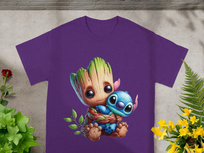 Groot hugging Stitch on a purple t-shirt.