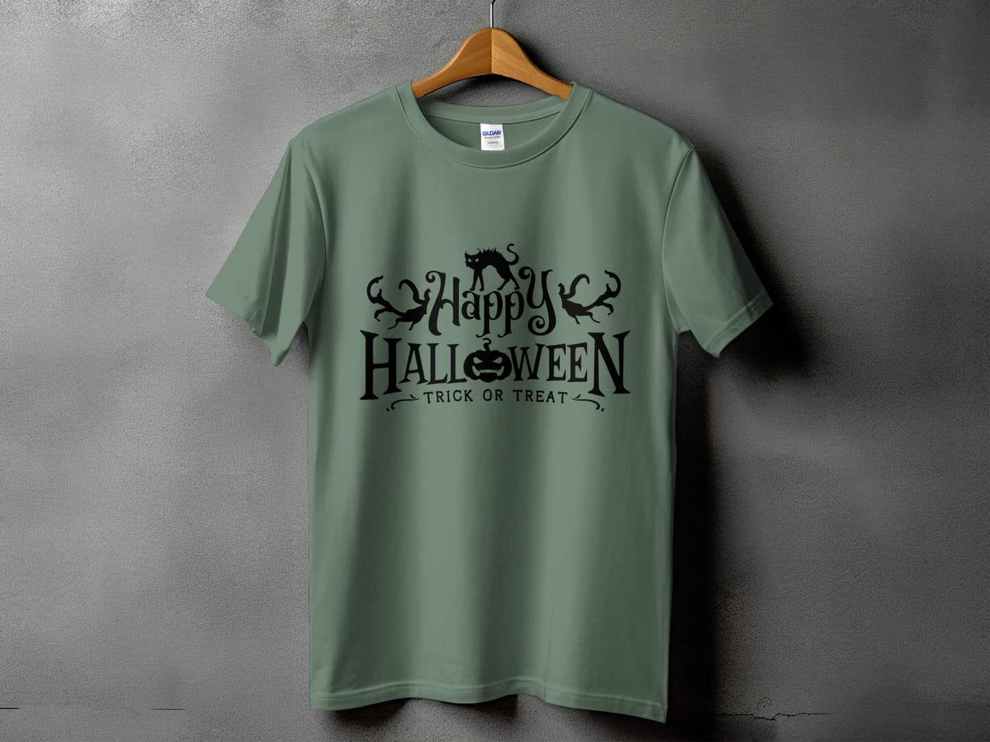 Green t-shirt with black "Happy Halloween Trick or Treat" text and graphics.