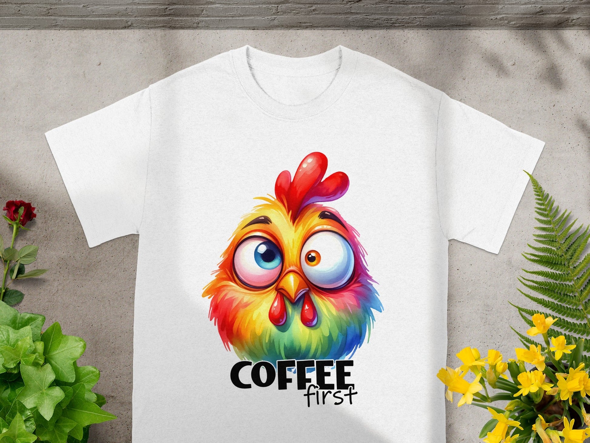 Colorful Chicken Coffee First Funny Animal T-shirt