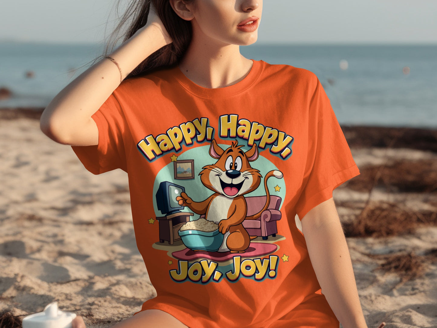 Happy Happy Joy Joy Cartoon Cat Graphic T-shirt
