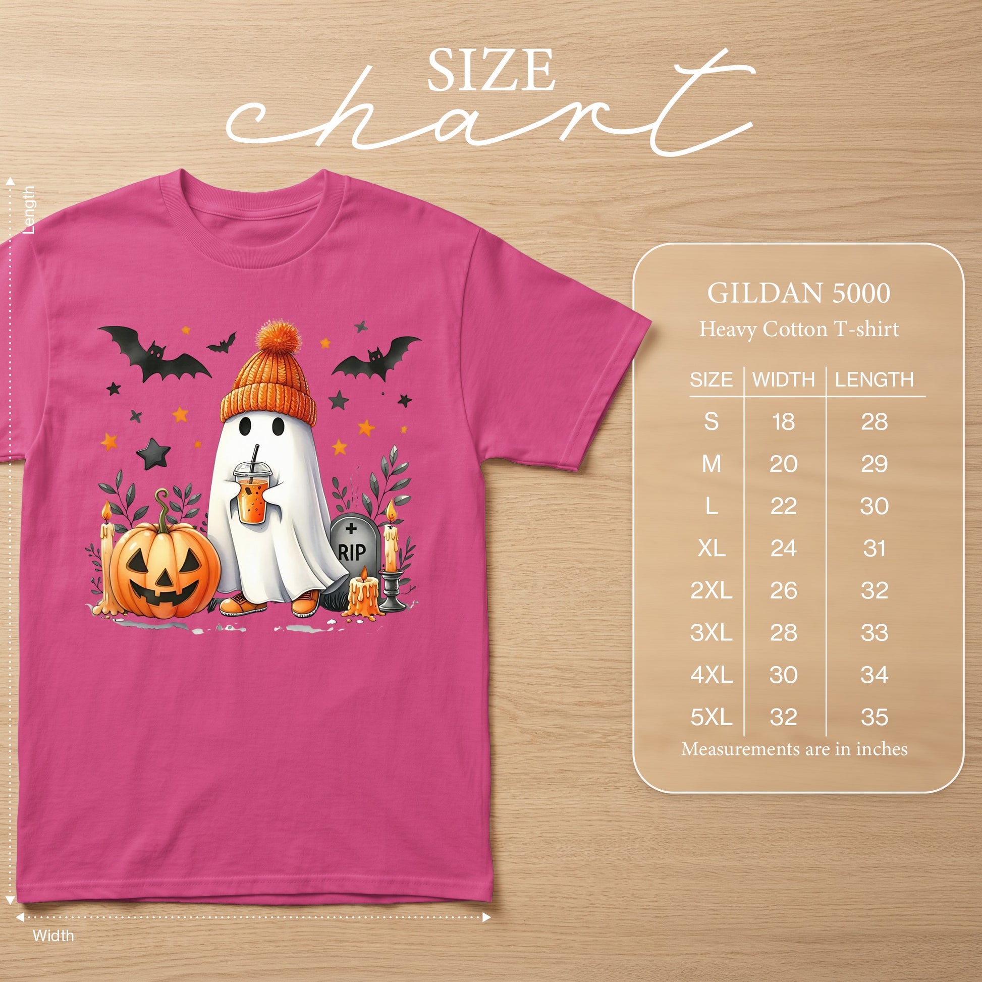 Gildan 5000 heavy cotton t-shirt size chart with ghost Halloween graphic.