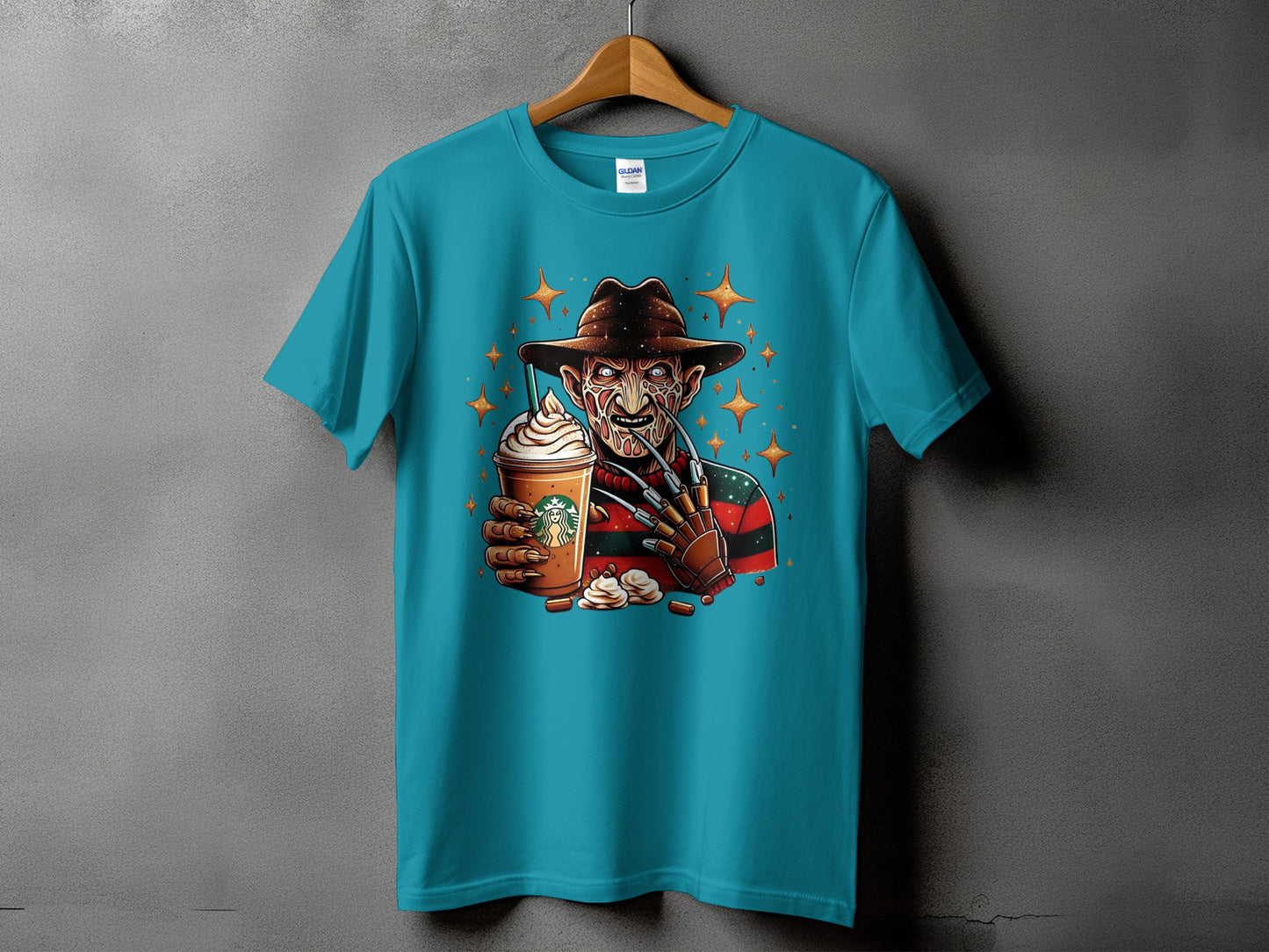 Freddy Krueger holding a Starbucks coffee cup with sparkling stars background.