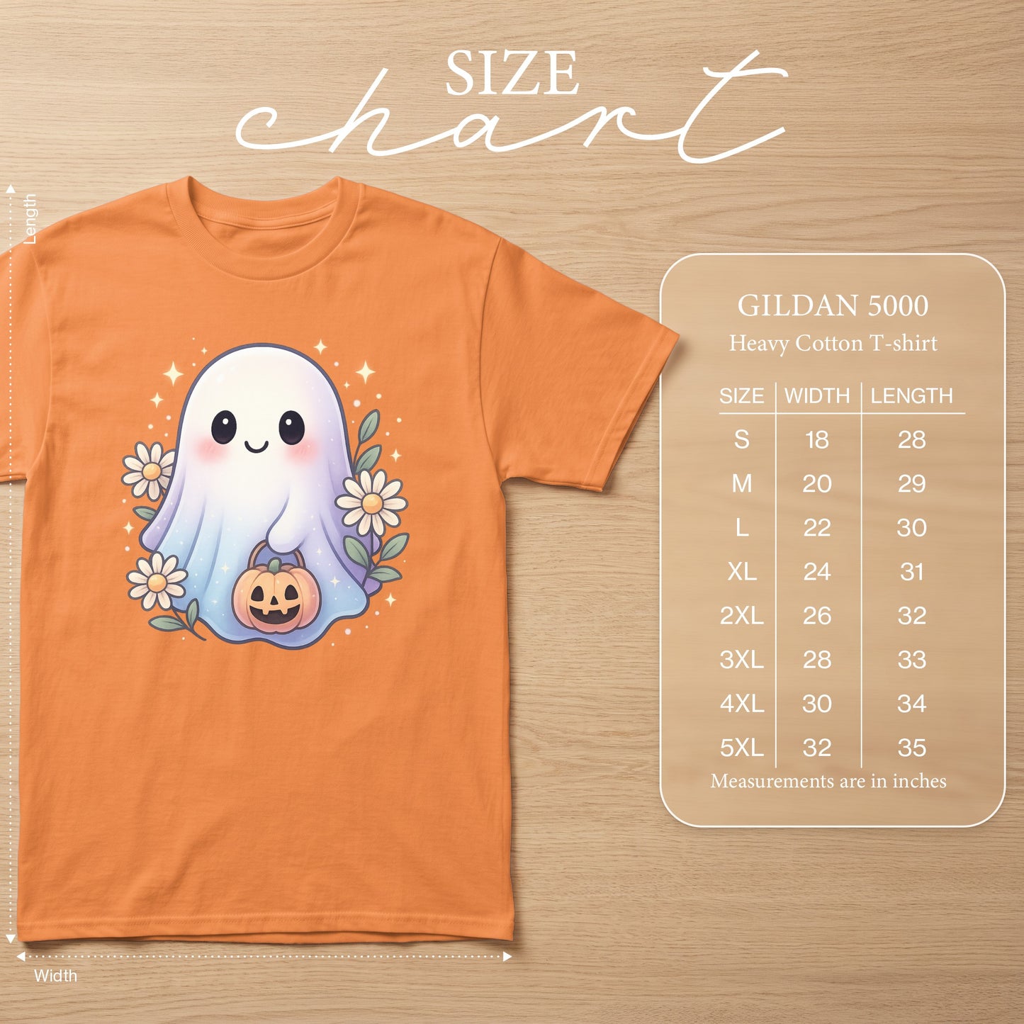 Orange t-shirt with a cute ghost design, featuring a size chart.