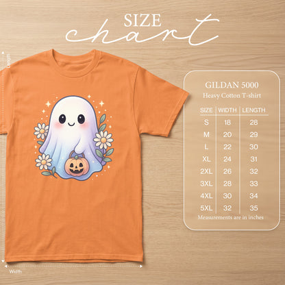 Orange t-shirt with a cute ghost design, featuring a size chart.