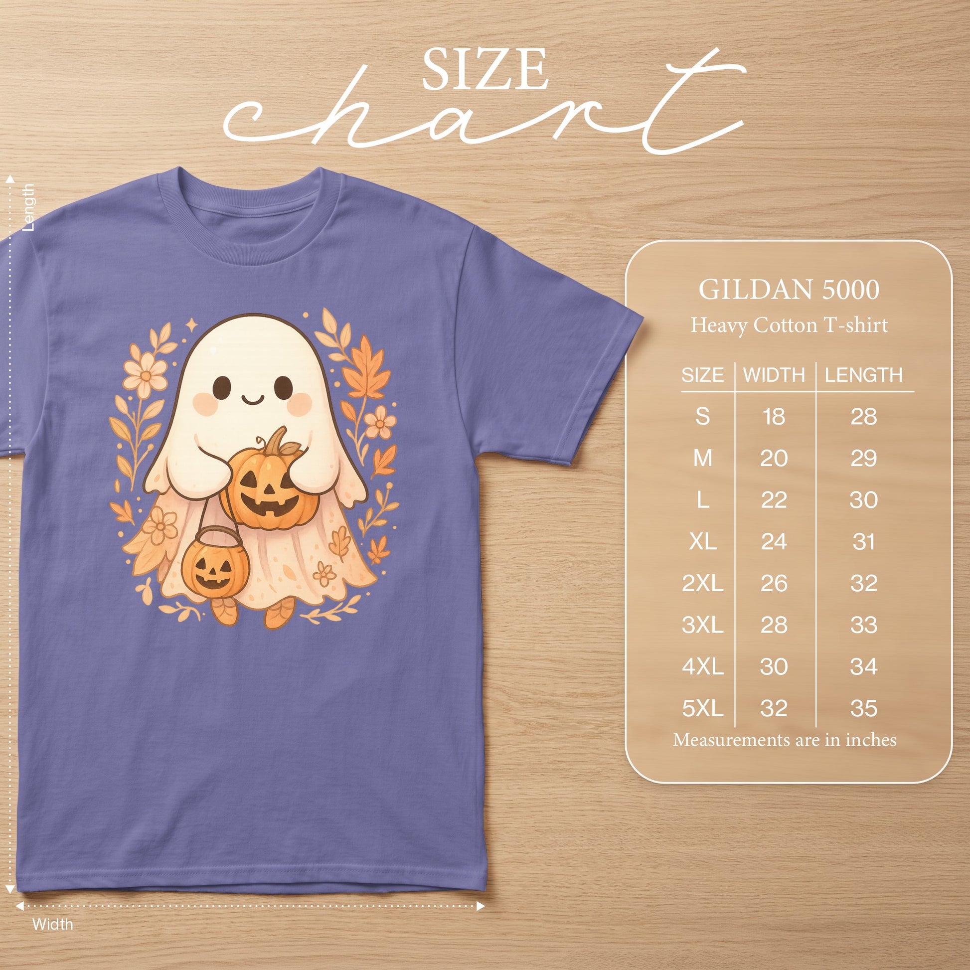 Purple t-shirt with a cute ghost holding pumpkins, next to a Gildan 5000 size chart.
