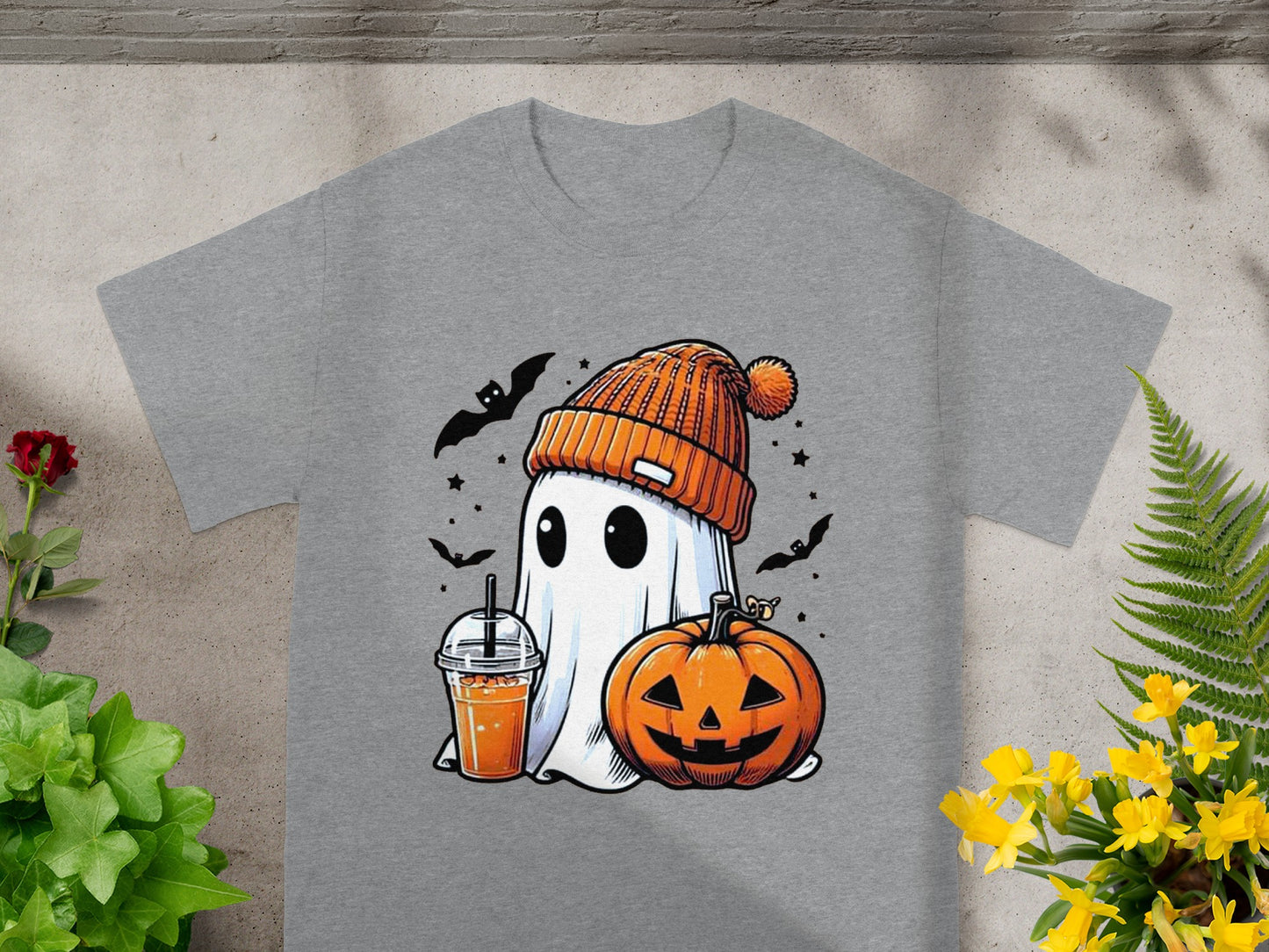 Grey t-shirt with Halloween ghost, pumpkin, drink, and bats graphic.