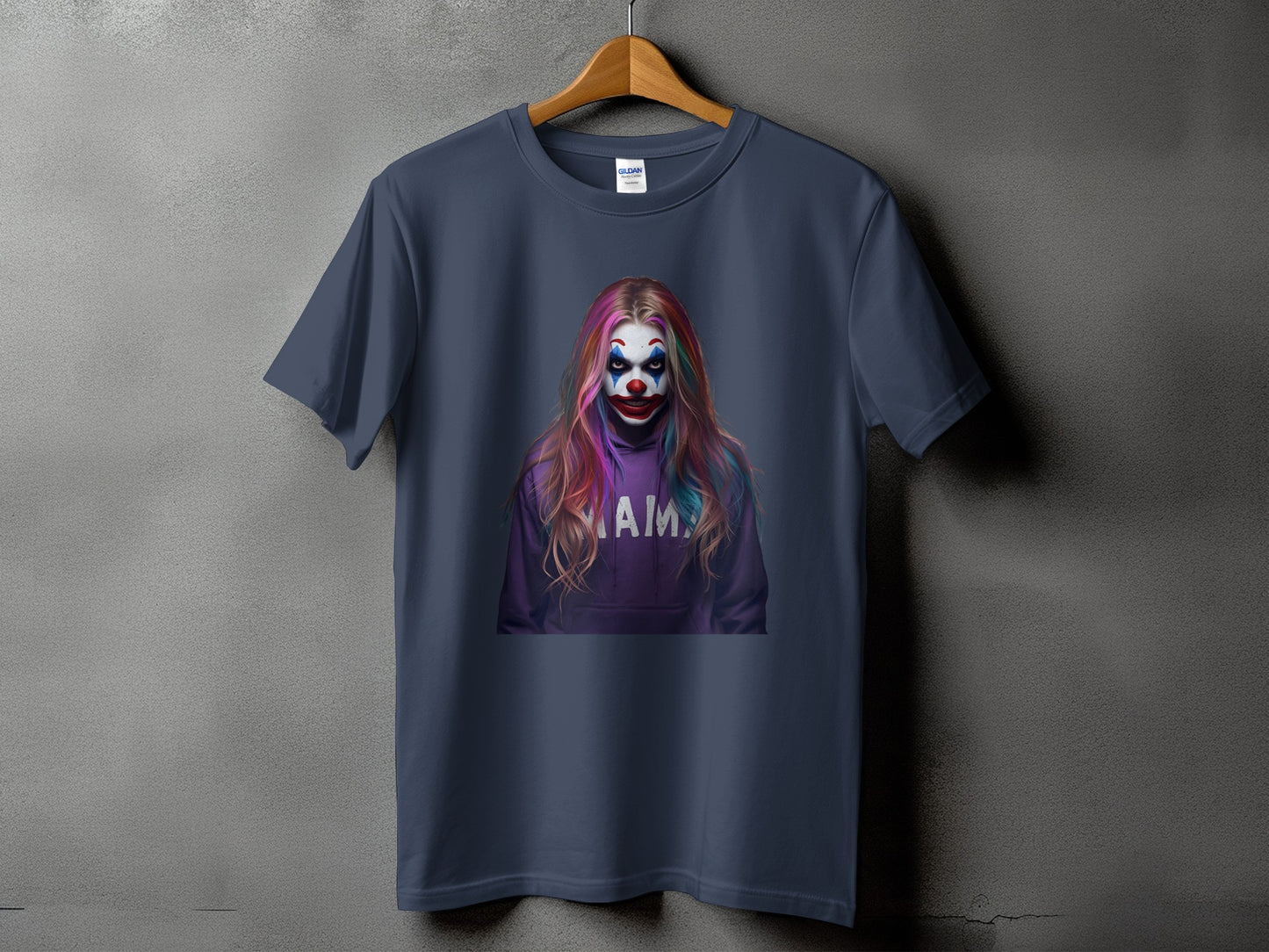 Dark blue t-shirt with a graphic of a clown with colorful hair and "MAMA" text.