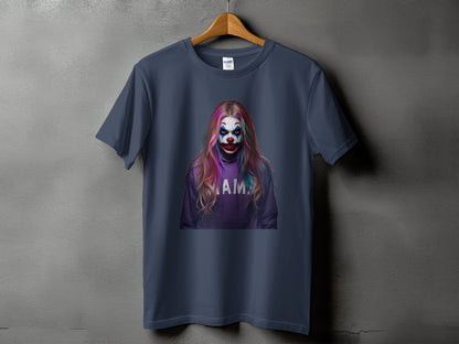 Dark blue t-shirt with a graphic of a clown with colorful hair and "MAMA" text.