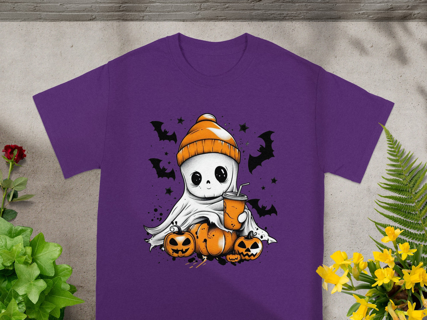 Cute ghost in orange hat with drink sits among pumpkins and bats.
